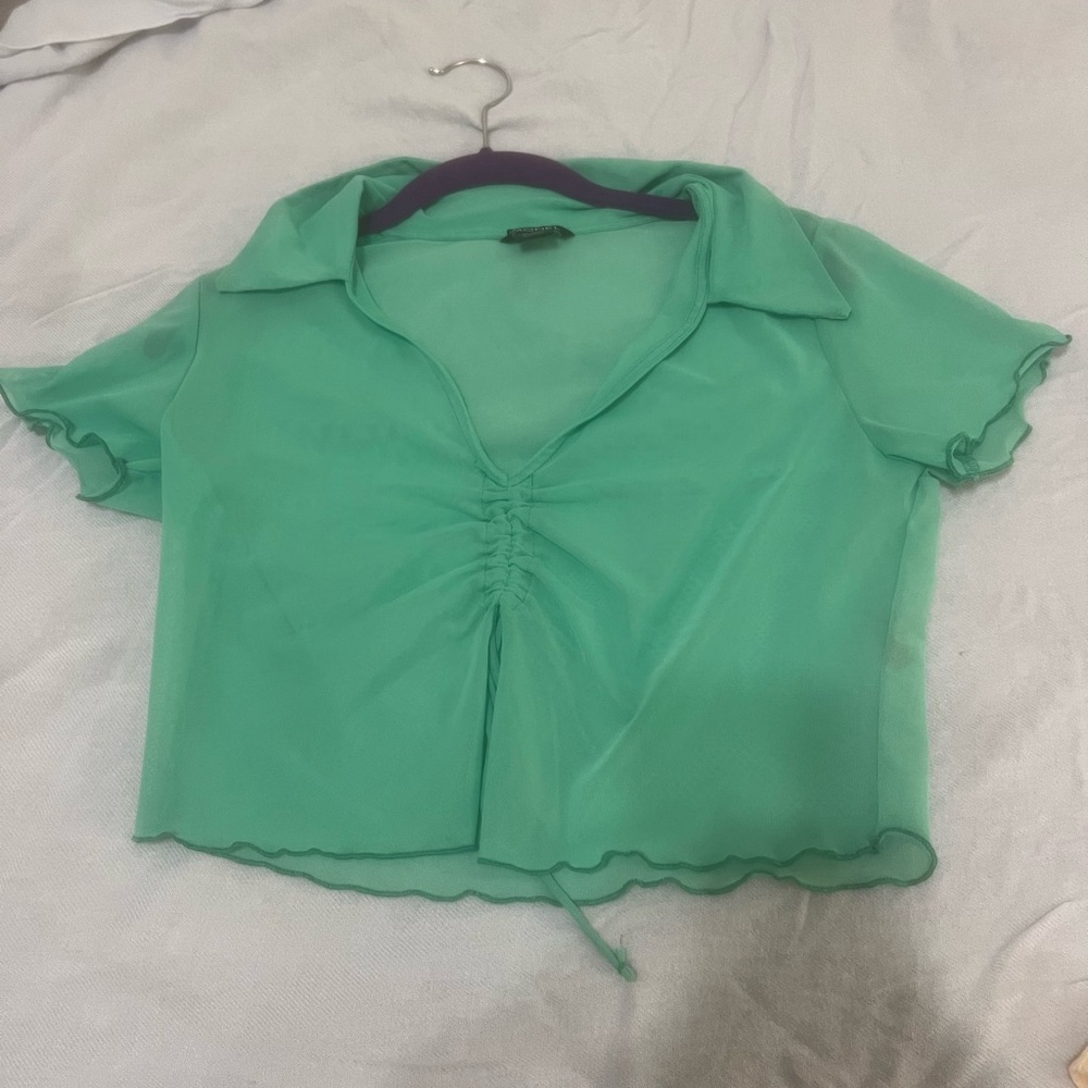 Monki Green Crop Blouse with Notched Collar and Ruched Design
